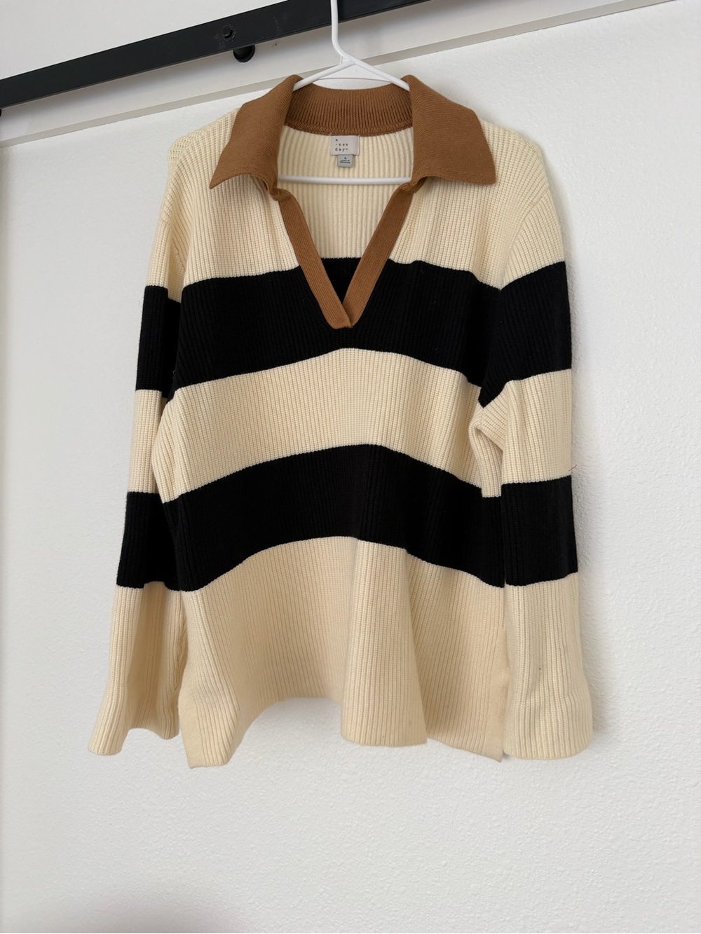 a new day Cream & Black Rugby Stripe V‑Neck Sweater with Brown Collar